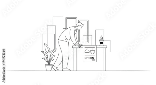 Vector illustration of businessman working at office desk with recycling bin