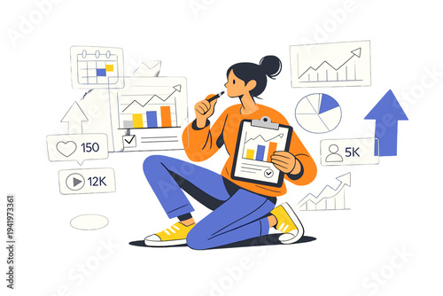 Image Generation. Content scheduling and analytics. Social media manager reviewing performance metrics,