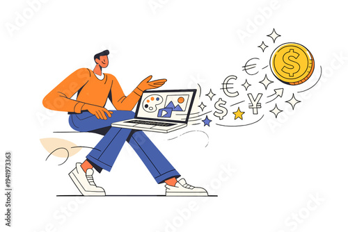 Image Generation. Monetizing creative skills. Creative professional presenting work from a laptop, outlined