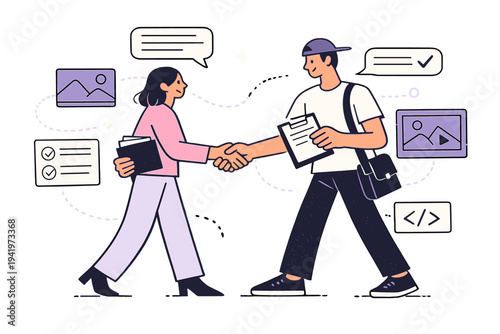 Image Generation. Creative services and freelancing. Freelancer negotiating and delivering work, outlined