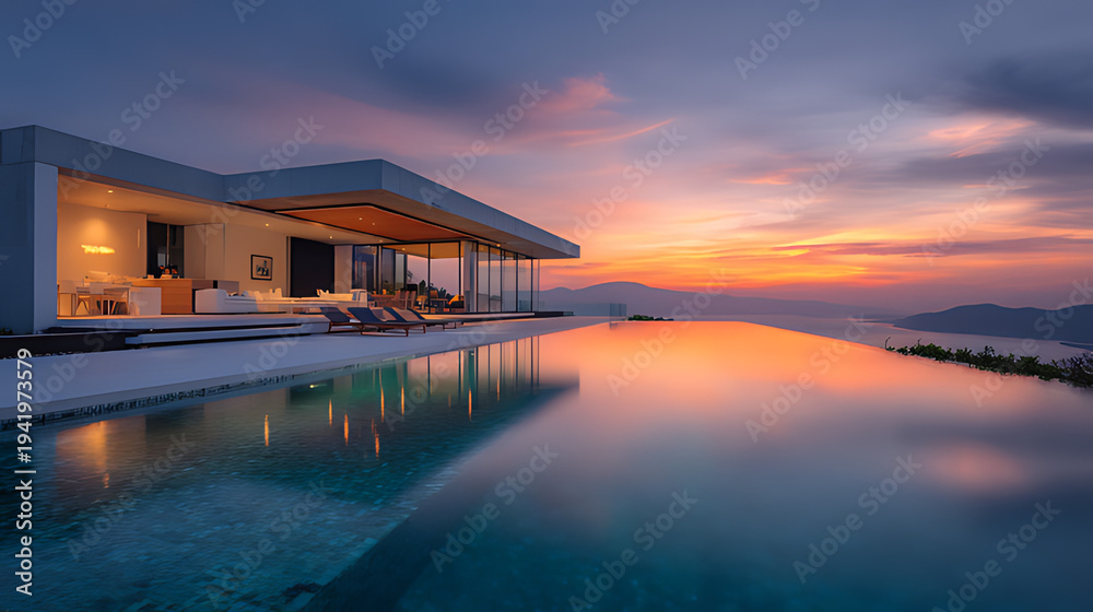 Fototapeta premium Modern luxury home with infinity pool at sunset, minimalist architecture, orange and pink sky, warm interior lighting, professional real estate photography style