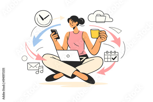 Image Generation. Flexible digital-first career. Professional working remotely with outlined cloud tools,