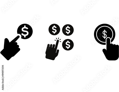 Black silhouette icons depicting hands clicking on dollar signs, representing concepts of earning money, pay-per-click, and financial transactions.