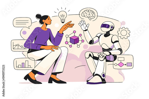 Image Generation. Future of work lifestyle. Knowledge worker collaborating with AI tools, outlined holographic