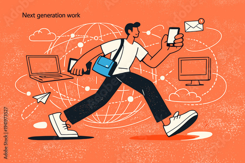 Image Generation. Work beyond the office. Professional seamlessly moving between digital spaces, outlined