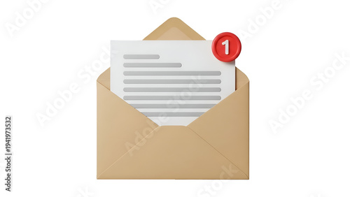 A brown envelope with a letter and a red notification icon on transparent background