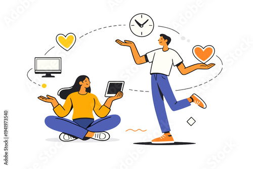 Image Generation. Human-centered work future. Worker balancing technology and wellbeing, outlined heart,