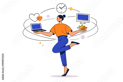 Image Generation. Human-centered work future. Worker balancing technology and wellbeing, outlined heart,