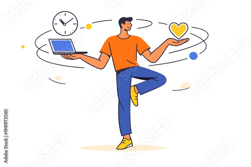 Image Generation. Human-centered work future. Worker balancing technology and wellbeing, outlined heart,