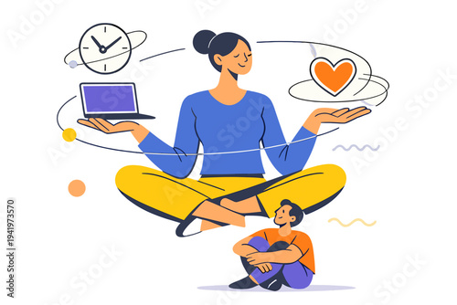 Image Generation. Human-centered work future. Worker balancing technology and wellbeing, outlined heart,