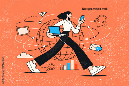 Image Generation. Work beyond the office. Professional seamlessly moving between digital spaces, outlined