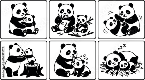 Cute panda family black and white vector art showing parent and baby pandas hugging playing eating bamboo and sleeping in cartoon style