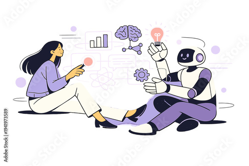 Image Generation. Future of work lifestyle. Knowledge worker collaborating with AI tools, outlined holographic