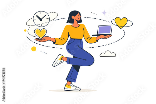 Image Generation. Human-centered work future. Worker balancing technology and wellbeing, outlined heart,