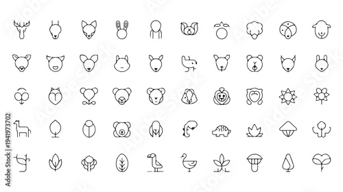 Minimal monoline wildlife and nature set animals birds