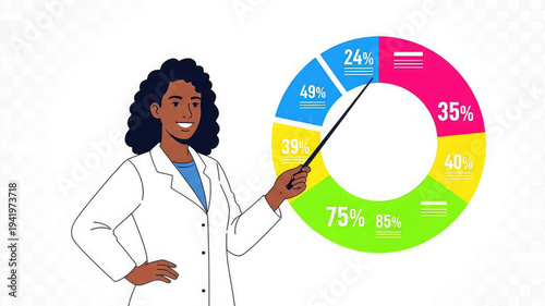 Female scientist presenting colorful doughnut chart with percentage data on white background