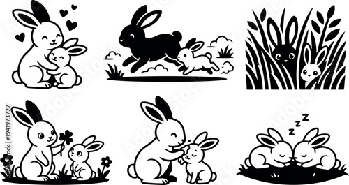 Cute vector art of rabbits hugging sleeping and playing in grass with hearts and flowers black and white illustration set