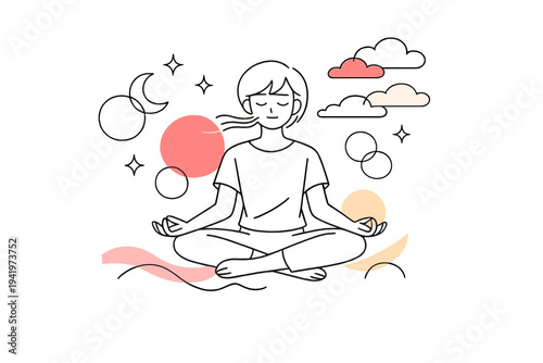 Serene Mindscape. Inner calm moment. A person sitting quietly with closed eyes, slow breathing visible as soft