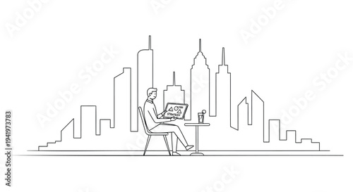 Vector illustration of businessperson working on laptop with cityscape background