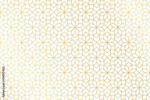 Art deco pattern with repeated golden flower shapes on white background. Luxury floral print. Elegant minimalistic wallpaper. Arabian mosaic print. Golden abstract ornament. Vector illustration.