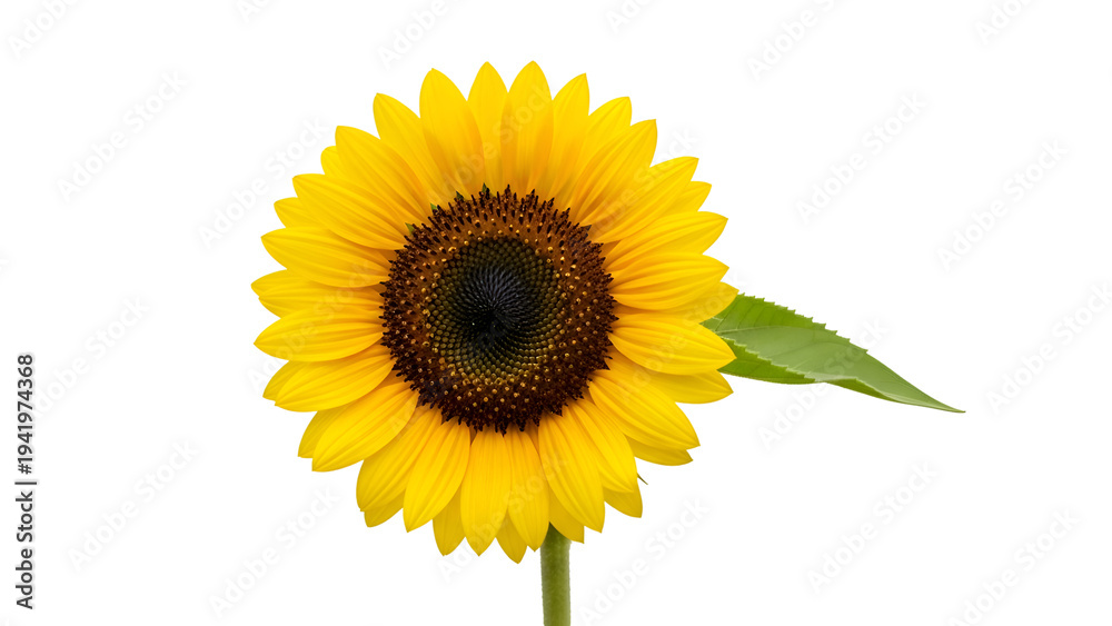 Fototapeta premium A large sunflower with a dark center and bright yellow petals on transparent background
