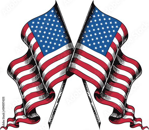 Happy Independence day sign with stars, petards and american flag. 4th of July, United Stated independence day. Template design for poster, banner, flyer, greeting card. Vector illustration
