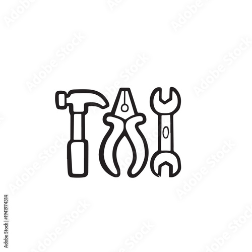 Hand Tools Silhouette Vector, Hammer, Pliers, Wrench and Screwdriver Icon Set Isolated Black Shape