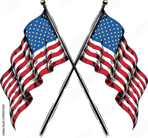 Happy Independence day sign with stars, petards and american flag. 4th of July, United Stated independence day. Template design for poster, banner, flyer, greeting card. Vector illustration
