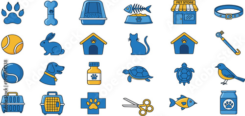 Pet Care and Animal Accessories Icon Set Featuring Dog, Cat, Fish, Turtle, and Pet Supplies for Animal Care Projects