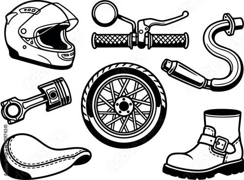 Black and white vector art of motorcycle helmet wheel boot exhaust pipe piston seat and handlebar grips isolated on white background