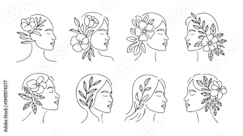 Minimalist line of women with floral headpieces