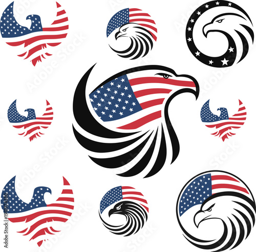 Happy Independence day sign with stars, petards and american flag. 4th of July, United Stated independence day. Template design for poster, banner, flyer, greeting card. Vector illustration
