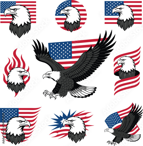 Happy Independence day sign with stars, petards and american flag. 4th of July, United Stated independence day. Template design for poster, banner, flyer, greeting card. Vector illustration
