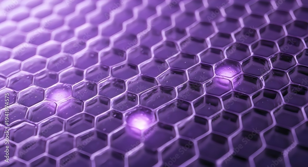 Fototapeta premium Artistic depiction of hexagonal crystal cells in macro detail with violet glow representing gemstone authenticity