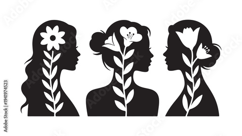Three black female silhouettes with floral hair white