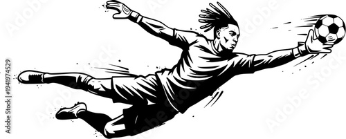 Soccer Goalkeeper Diving Save Action Illustration, Football Goalkeeper Catching Ball Dynamic Sports Graphic for Poster, Logo and T Shirt Design