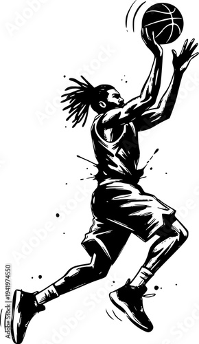 Basketball Player Jump Shot Action Illustration, Professional Athlete Shooting Ball Sports Graphic for Poster, Logo and T Shirt Design