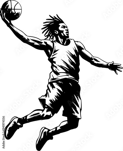 Basketball Player Slam Dunk Action Illustration, Powerful Athlete Jumping with Ball Sports Graphic for Poster, Logo and T Shirt Design