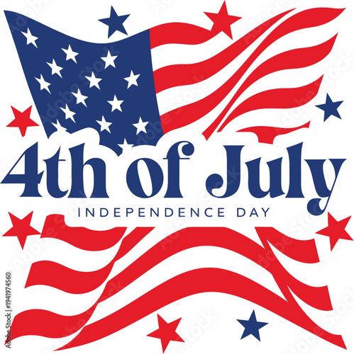 Happy Independence day sign with stars, petards and american flag. 4th of July, United Stated independence day. Template design for poster, banner, flyer, greeting card. Vector illustration
