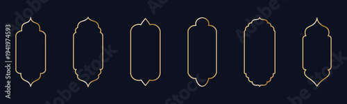 Old traditional islamic window shape set in oriental style. Black silhouette eid mubarak decorative frames, mosque borders, ramadan gates or arches. Arabic muslim bagdes, architecture design elements