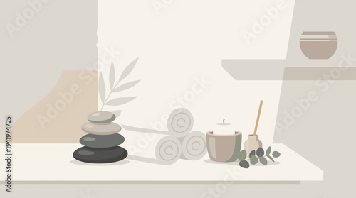 Cleanical Wellness Setup with Minimalist Spa Stones Rolled Towels and Botanical Decor
