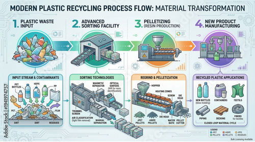 Modern plastic recycling process flow vector illustration