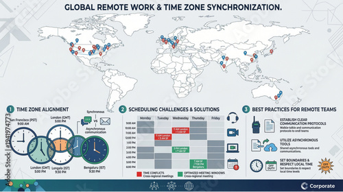 Global remote work and time zone synchronization infographic vector