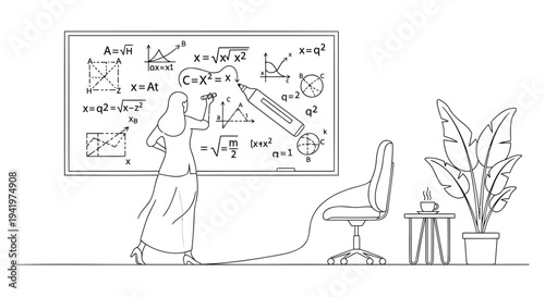 Vector illustration of woman writing on whiteboard with mathematical equations
