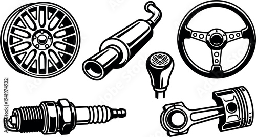 Black and white vector art of car wheel exhaust pipe gear shift knob steering wheel piston and spark plug automotive parts set