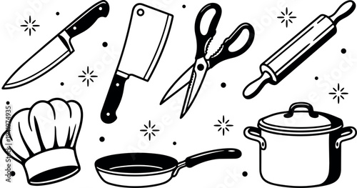 Black and white line art kitchen utensils set including chef hat knife cleaver scissors rolling pin frying pan and cooking pot isolated on white background