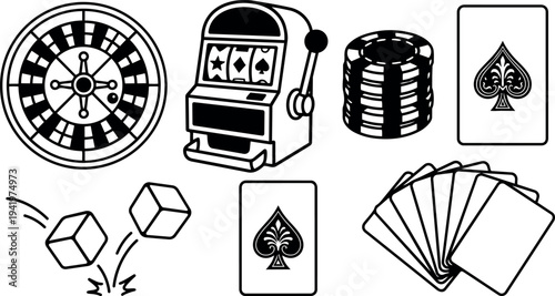 Black and white vector art of casino elements including roulette wheel slot machine dice playing cards and poker chips in flat design style