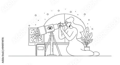 Vector illustration of woman looking through telescope, astronomy, space exploration