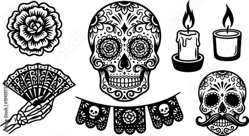 Black and white day of the dead decorative skulls with floral eyes skeleton hand holding fan candles and skull garland vector art