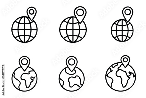 Global location and world map outline icon set with earth globe, map pin pointer, international travel navigation, regional destination more vector illustration or editable stroke.